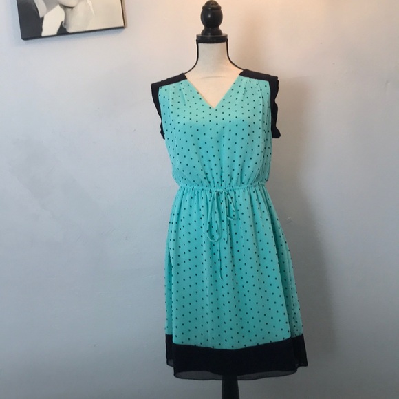 Turquoise dress with navy blue polka dots and trim - Picture 2 of 3